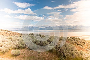 Beautiful wide angle landscape view of salt flats inside of UtahÃ¢â¬â¢s Antelope Island State Park on Great Salt Lake